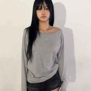 Wide Neck Off-Shoulder Loose Long Sleeve T-Shirt