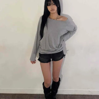 Wide Neck Off-Shoulder Loose Long Sleeve T-Shirt