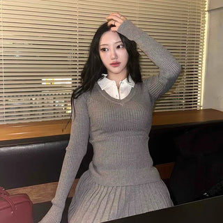 Ribbed V-Neck Shoulder Ribbed Knit Pleated Mini Skirt Two-Piece Set