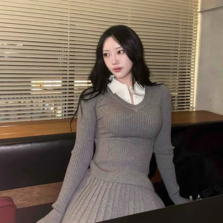 Ribbed V-Neck Shoulder Ribbed Knit Pleated Mini Skirt Two-Piece Set