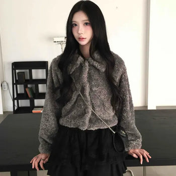 Classic Buckle Faux Fur Slim Fit Crop Jacket