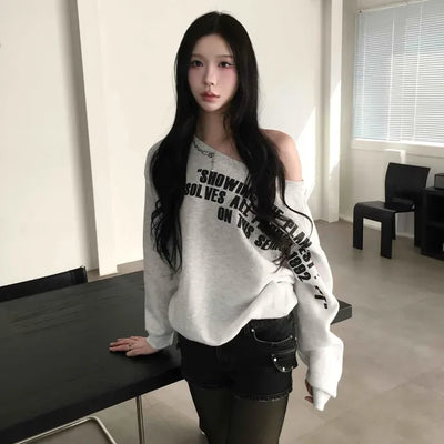 String Shoulder Strap Lettering Soft Balloon Fit Sweatshirt