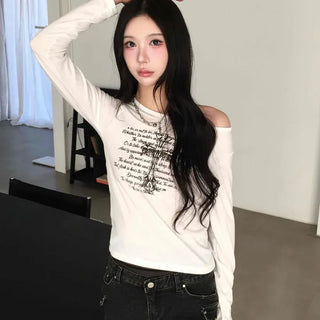 Shoulder Cutout Lettering Graphic Slim Fit Long Sleeve T-shirt