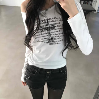 Shoulder Cutout Lettering Graphic Slim Fit Long Sleeve T-shirt