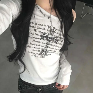 Shoulder Cutout Lettering Graphic Slim Fit Long Sleeve T-shirt