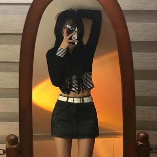 High-waisted Washed Denim Mini Skirt