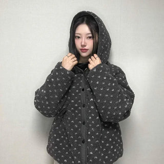 Mini Flower Print Oversized Hooded Short Padded Jacket