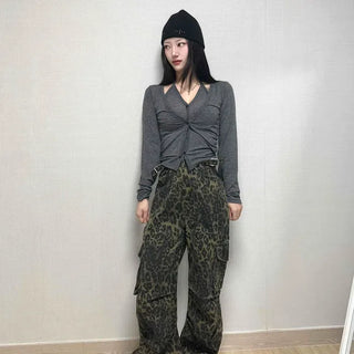 Leopard Cargo Wide Balloon Fit Pants
