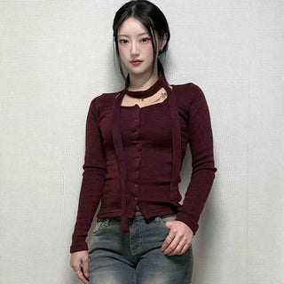 Cutout Choker Neck Slim Crop Cardigan