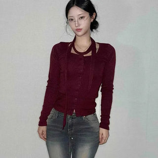Cutout Choker Neck Slim Crop Cardigan