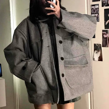 Loose Button High-Neck Hooded Half Coat