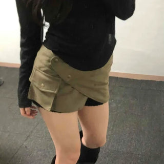 Suede flat pocket wrap mini skirt