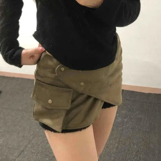 Suede flat pocket wrap mini skirt