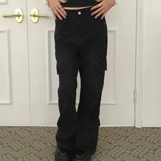 Black comfortable plain pocket denim long pants