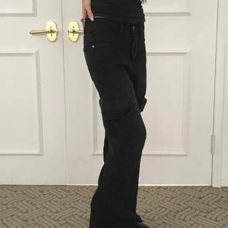 Black comfortable plain pocket denim long pants
