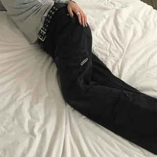 Black comfortable plain pocket denim long pants