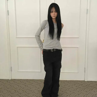 Black comfortable plain pocket denim long pants