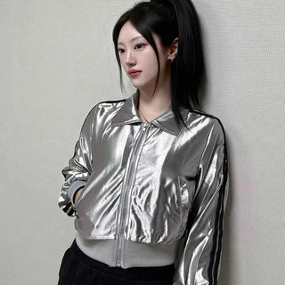 Metallic Glossy Varsity Shirred Crop Zip-up