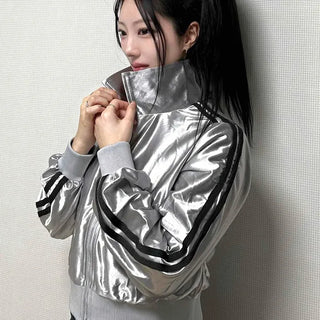 Metallic Glossy Varsity Shirred Crop Zip-up