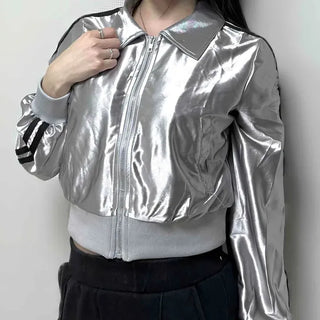 Metallic Glossy Varsity Shirred Crop Zip-up