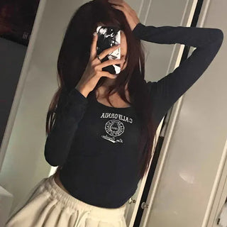 Lettering Slim Fit Round Long Sleeve T-shirt