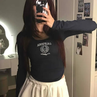 Lettering Slim Fit Round Long Sleeve T-shirt