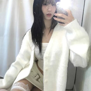 Button Angora Loose Cardigan