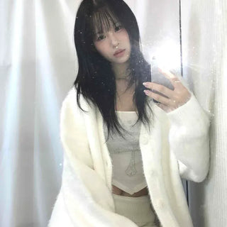 Button Angora Loose Cardigan