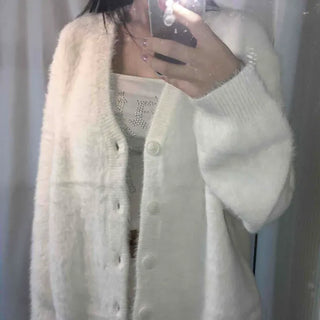 Button Angora Loose Cardigan