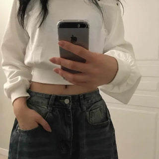 Eyelet Boat Neck Crop Sweatshirt