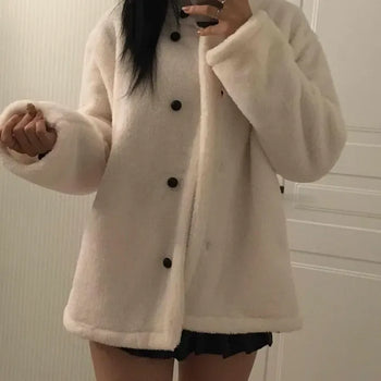 High-neck Button Fleece Midi Coat