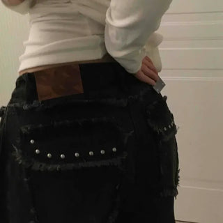Damaged Tassel Stud Loose Fit Denim Pants