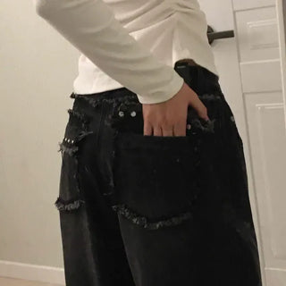 Damaged Tassel Stud Loose Fit Denim Pants