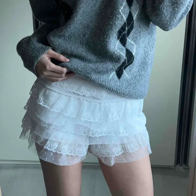 See-through Lace Tiered Mini Shorts