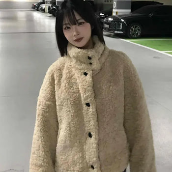 High-neck Button Double Pocket Fleece Jacket