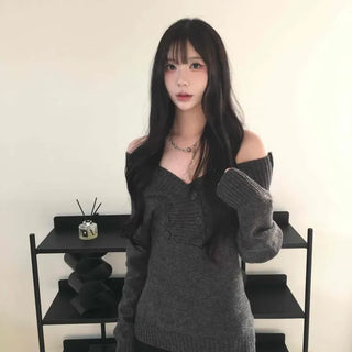 Soft Feminine Two-Way V-Neck Off-Shoulder Knit