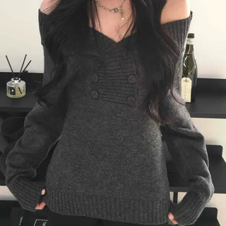Soft Feminine Two-Way V-Neck Off-Shoulder Knit