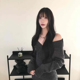 Soft Feminine Two-Way V-Neck Off-Shoulder Knit