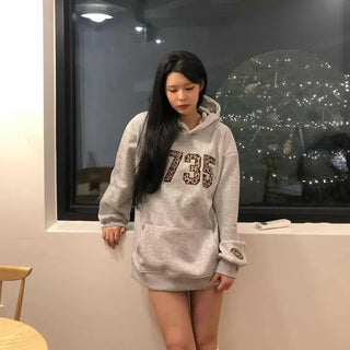 Vintage Lettering Leopard Print Oversized Hoodie