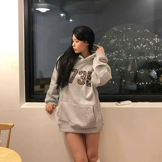 Vintage Lettering Leopard Print Oversized Hoodie