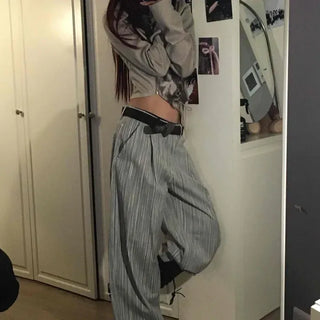 Striped One-Pleat Balloon Loose Fit Wide Pants