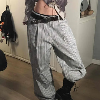 Striped One-Pleat Balloon Loose Fit Wide Pants
