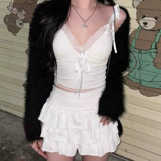 Lace-trimmed ribbon tie camisole