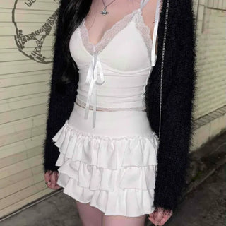 Lace-trimmed ribbon tie camisole