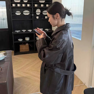 Vintage Belted Leather Trench Jacket
