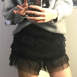 Dot Lace Frill Tiered Mini Shorts
