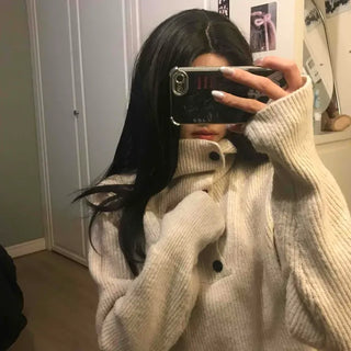 Turtleneck Half-Open Button Oversized Ribbed Knit