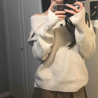 Turtleneck Half-Open Button Oversized Ribbed Knit