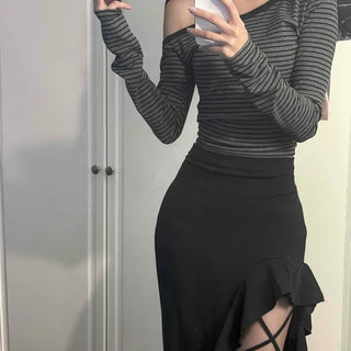 Asymmetrical unbalanced ruffle slim-fit long skirt