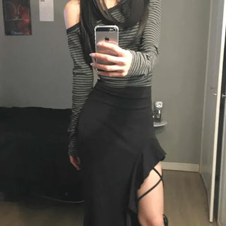 Asymmetrical unbalanced ruffle slim-fit long skirt